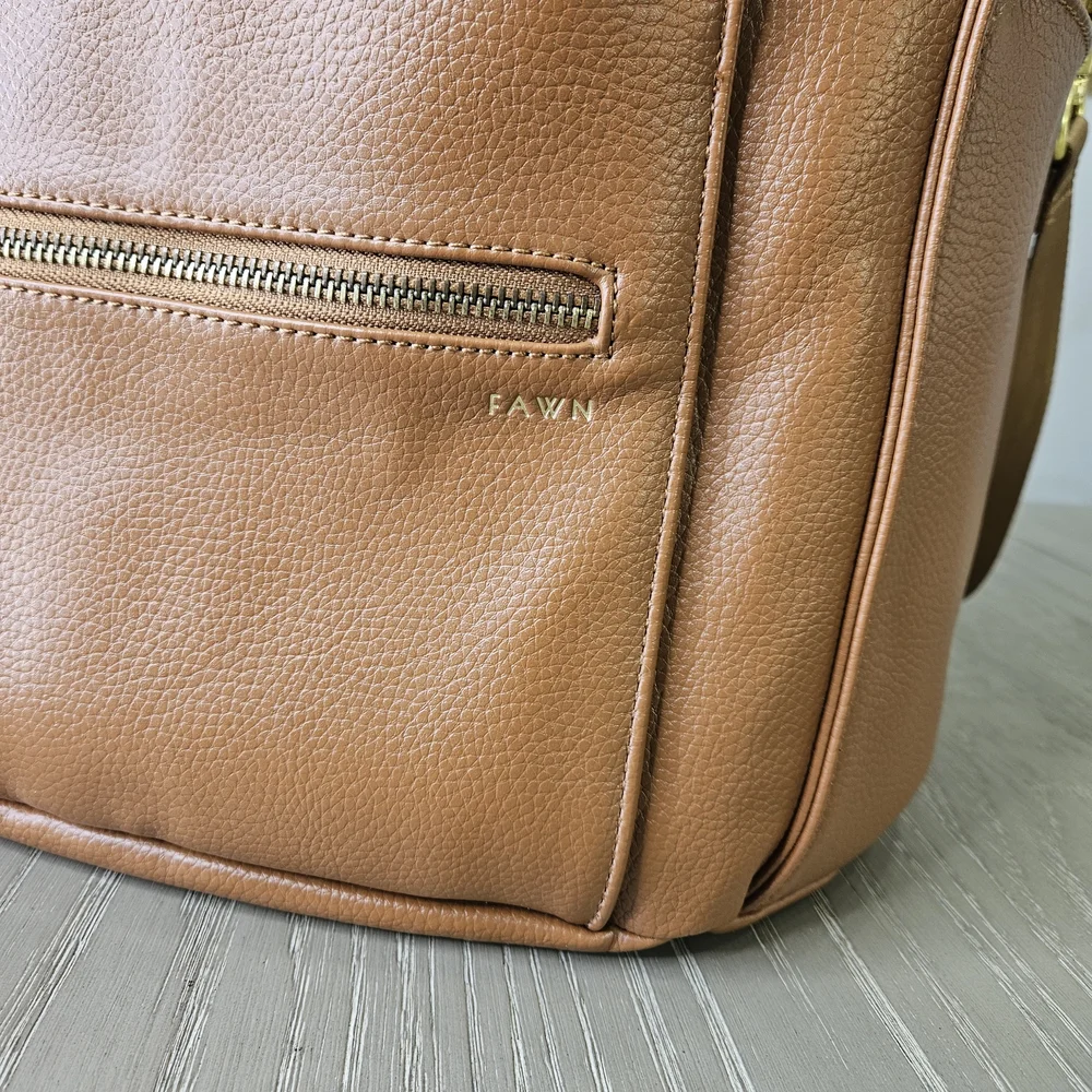 Fawn Design Brown Faux Leather Diaper Bag the Original With Brown Stroller Clips